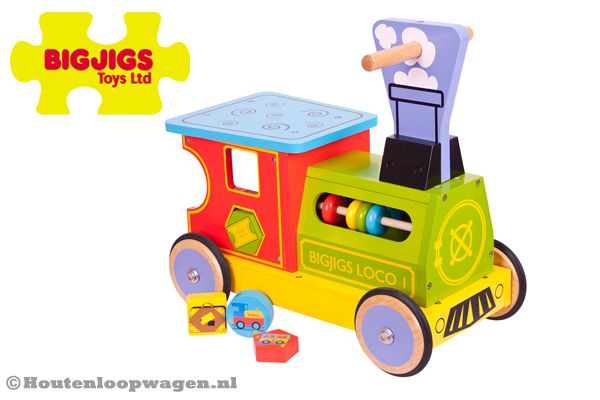 De houten trein loopwagen van Bigjigs.